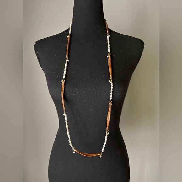 Nakamol Leather and Pearls Long Necklace adjustable to Dual Necklace - Picture 1 of 5